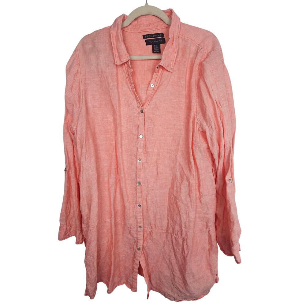 Tahari Womens Linen Tunic Top Plus Size 2X Coastal Grandma Resortwear Summer